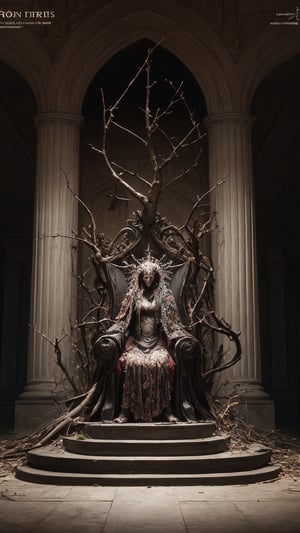 a sculpture made out of branches and branches, concept art, neoplasticism, in a throne room, evil, cd cover, artwork, grindcore, die and suffer, obscure, demon, 