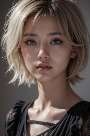 A stunning, top-quality portrait of a young gothic girl in a close-up view. Her punky hairstyle is styled to perfection, framing her heart-shaped face with a messy, choppy fringe. The front view showcases her striking features: piercing black shaded eyes, accented by very light blue irises; and a delicate, petite nose. Her short, blonde hair is perfectly tousled, adding to the overall edgy vibe. The intricate details on her skin are rendered in high definition, including the subtle curves of her eyelids and the gentle contours of her lips. Soft, cinematic lighting illuminates this masterpiece, casting a flattering glow over the subject's features.