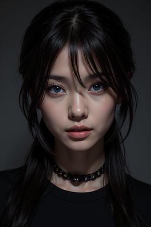 A stunning close-up portrait of a young gothic girl, her punk-inspired hairstyle framing her striking features. Her black T-shirt and intense, shaded eyes seem to pierce through the soft, gentle light that illuminates her very light blue gaze, drawing attention to the intricate details of her highly detailed eyes and mouth. The cinematic quality of this image is heightened by the subtle lighting, capturing every nuance of her porcelain doll-like complexion.