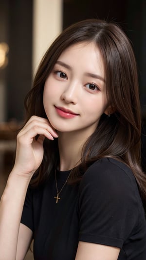 1girl, solo, long hair, looking at viewer, smile, brown hair, shirt, black hair, brown eyes, jewelry, sitting, upper body, short sleeves, necklace, blurry, lips, black shirt, blurry background, facial mark, forehead mark, realisti