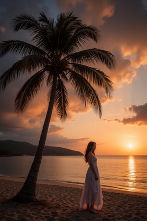 A breathtaking 8K masterpiece captures the serene atmosphere of a sea bay at sunset. A majestic palm tree stands tall on the beach, its intricately detailed trunk and fronds illuminated by the warm orange glow. The sky is ablaze with vivid hues as clouds drift lazily across the canvas. The subject's expressionless face blends seamlessly into the surroundings, as if lost in thought. High-quality textures and shadows bring depth to the scene, while cinematic lighting and a shallow depth of field create a sense of intimacy. A subtle light source contrast adds dimensionality, drawing the viewer's eye to the horizon.