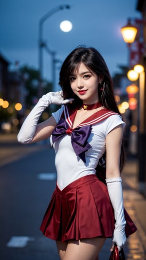masterpiece, best quality, photorealistic, high_res, sama1, tiara, skirt, sailor senshi uniform, white gloves, red sailor collar, red skirt, star choker, elbow gloves, pleated skirt, bare legs, purple bow, standing, smile, moonlight, city, detailed background, finely detailed, intricate detailed, depth of field, low key, dslr, cowboy_shot