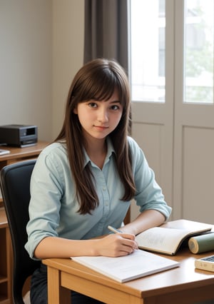 a cute girl sitting in room studying at night