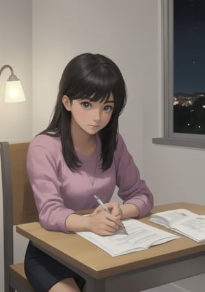 a cute girl sitting in room studying at night