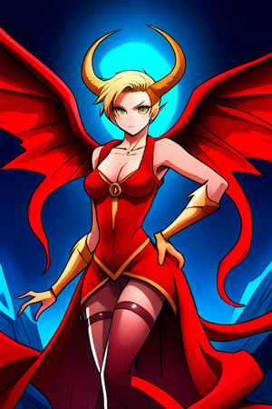 demoness haures, sigil, golden hair, golden eyes, fair skin, long legs, blood red dress, no wings