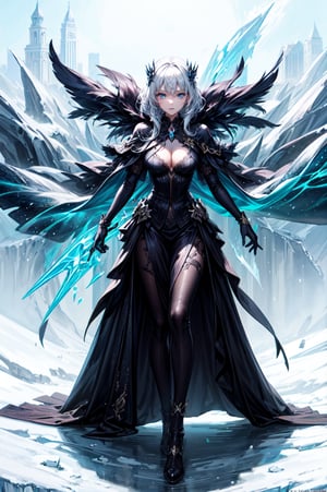 (masterpiece, top quality, best quality, official art:1.2), (detailed), (1girl:1.3), ((from far away)), ((her eyes is a middle of powerful vortex)), magic vortex, ice magic, snow, blue fire, cold aura, ice spell conjunction, anime epic scene, action, (((detailed perfect face))), fantasy, destroyed city, power-hungry, sharp icicles, sexy body, mature body, mature woman, (full body view), seductive body, from above, panoramic view, wide shot, blue eyes, glowing eyes, crown of ice, freezing sphere, white hair, blue light, big city, frozen city, huge vortex