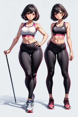 Small black hair, sportswear , sports bra, clevage, full body, high ankle shoes ,standing straight, prefer anatomy, athletic body, wide hips, thicc_thighs