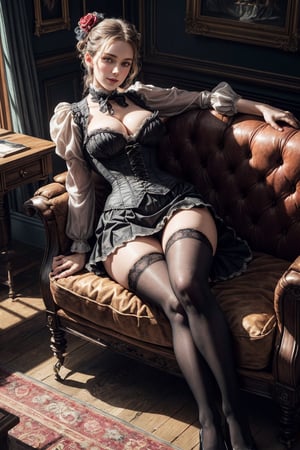 AW photo,(realistic, photo-realistic:1.4),(best quality:1.2),(detailed), (Solo:1.3), (40 years old Victorian lady:1.4), (sitting on the sofa:1.3), smile, corset, thigh highs, (victorian open skirt dress:1.4), open neckline, (large Breasts:1.2), (wide hips, thick tights:1.4), black Hair, seductive legs, cleavege, Long Eyelashes, ((arms up)), (full body view:1.4), BREAK, (from above), stunning beautiful, pale skin, (perfect eyes:1.1), cinematic light, ultra high res, 8k uhd, film grain, perfect anatomy, exquisitely detailed skin, best shadow, delicate, mature Victorian woman, colourful, distinct_image, extremely detailed CG,realistic human-like photo