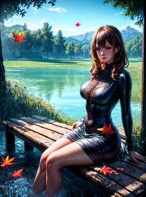 (best quality), (masterpiece), ((realistic), (detailed), beautiful woman, facing the viewer, sitting on a bench, watching a lake with ruins in background, futurestic, falling leaf, (masterpiece), absurdres, HDR,dark studio
