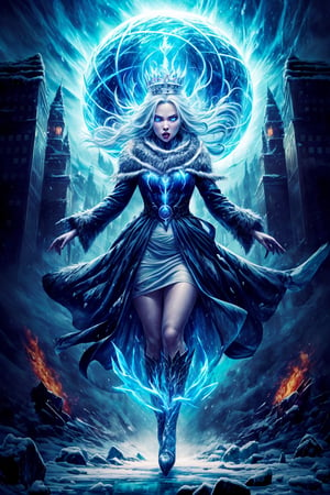 (masterpiece, top quality, best quality:1.2), (detailed), (1girl:1.3), ((from the distance)), ((demonic sorceress conjuring ice)), (bending down, charging forward, unleashed a furious attack:1.2), dark phoenix massive wings, magic vortex, ice magic, snow, blue fire, cold aura, ice spell conjunction, epic scene, action, (((detailed perfect face))), fantasy, flying over destroyed city, power-hungry, sharp icicles, mature body, (full body view), seductive body, panoramic view, wide shot, blue eyes, glowing eyes, crown of ice, freezing sphere, white hair, blue light, big city, frozen city, huge vortex, long bloody dress, BLUE FIRE , Detailedface