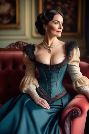 (masterpiece, top quality, best quality:1.2), (detailed), RAW photo, (Solo:1.3), (40 years old Victorian lady:1.4), (sitting on the sofa:1.3), smile, corset, thigh highs, (victorian skirt dress:1.2), open neckline, (large Breasts:1.2), (wide hips, thick tights:1.4), black Hair, seductive legs, cleavege, Long Eyelashes, (full body view:1.4), pale skin, (perfect eyes:1.1), cinematic light, perfect anatomy, delicate, mature Victorian woman, colourful