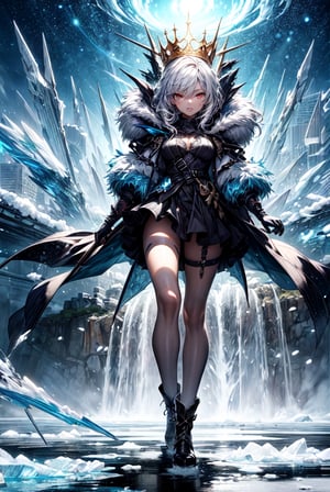 (masterpiece, top quality, best quality, official art:1.2), (detailed), (1girl:1.3), ((from far away)), ((her eyes is a middle of powerful vortex)), magic vortex, ice magic, snow, blue fire, cold aura, ice spell conjunction, anime epic scene, action, (((detailed perfect face))), fantasy, destroyed city, power-hungry, sharp icicles, sexy body, mature body, mature woman, (full body view), seductive body, from above, panoramic view, wide shot, glowing eyes, blue eyes, glowing eyes, crown of ice, freezing sphere, white hair, blue light, big city, frozen city, huge vortex
