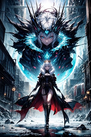 (masterpiece, top quality, best quality, official art:1.2), (detailed), (1girl:1.3), ((from far away)), ((her eyes is a middle of powerful vortex)), magic vortex, ice magic, snow, blue fire, cold aura, ice spell conjunction, anime epic scene, action, (((detailed perfect face))), fantasy, destroyed city, power-hungry, sharp icicles, sexy body, mature body, mature woman, (full body view), seductive body, from above, panoramic view, wide shot, blue eyes, glowing eyes, crown of ice, freezing sphere, white hair, blue light, big city, frozen city, huge vortex