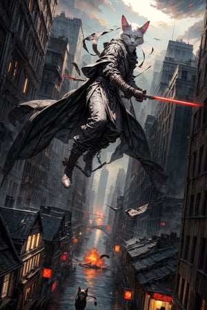 (masterpiece, top quality, best quality:1.2), (detailed), (1 man), jedi cat in a cape, semi-human, half-human, (cat-headed:1.2), fluffy tail, human body, super-vilian, dangerous, unleeshed power, epic scene, action, fantasy, flying over destroyed city, power-hungry, (full body view), panoramic view, wide shot, glowing eyes, big city,weapon