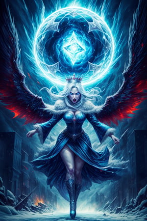 (masterpiece, top quality, best quality:1.2), (detailed), (1girl:1.3), ((from the distance)), ((demonic sorceress conjuring ice)), (bending down, charging forward, unleashed a furious attack:1.2), dark phoenix massive wings, magic vortex, ice magic, snow, blue fire, cold aura, ice spell conjunction, epic scene, action, (((detailed perfect face))), fantasy, flying over destroyed city, power-hungry, sharp icicles, mature body, (full body view), seductive body, panoramic view, wide shot, blue eyes, glowing eyes, crown of ice, freezing sphere, white hair, blue light, big city, frozen city, huge vortex, long bloody dress, RED FIRE , Detailedface