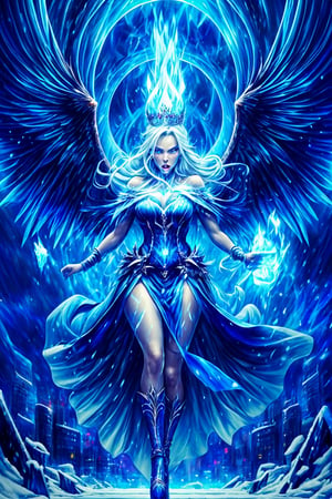 (masterpiece, top quality, best quality:1.2), (detailed), (1girl:1.3), ((from the distance)), ((demonic sorceress conjuring ice)), (bending down, charging forward, unleashed a furious attack:1.2), dark phoenix massive wings, magic vortex, ice magic, snow, blue fire, cold aura, ice spell conjunction, epic scene, action, (((detailed perfect face))), fantasy, flying over destroyed city, power-hungry, sharp icicles, mature body, (full body view), seductive body, panoramic view, wide shot, blue eyes, glowing eyes, crown of ice, freezing sphere, white hair, blue light, big city, frozen city, huge vortex, long bloody dress, BLUE FIRE , Detailedface