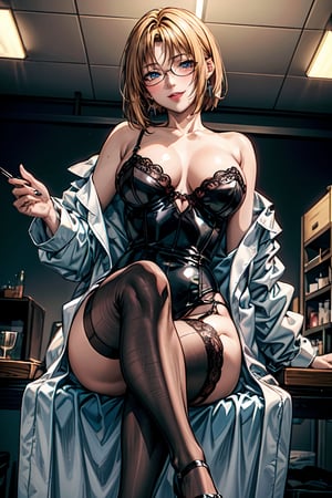 Kitami Reika sits on table and spreads her legs, mature female, 40 yo, blonde hair, short hair, lipstick, makeup, black eyeshadow, (masterpiece:1.2), (best quality:1.2), lace trim, blue eyes, jewelry, cross earrings, ((solo)), perfect face, full lips, glasses, black corset mini dress, white labcoat, pump shoes, garter straps, black thigh highs, wide hips, thick thighs, curvy, big ass, medium breast, looking at viewer, smile, standing, detailed hair, ultra detailed face, perfect eyes, perfect face, laboratory, blush