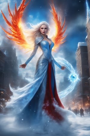 (masterpiece, top quality, best quality:1.2), (detailed), (1girl:1.3), ((from the distance)), ((demonic sorceress conjuring ice)), (bending down, charging forward, unleashed a furious attack:1.2), dark phoenix massive wings, magic vortex, ice magic, snow, blue fire, cold aura, ice spell conjunction, epic scene, action, (((detailed perfect face))), fantasy, flying over destroyed city, power-hungry, sharp icicles, mature body, (full body view), seductive body, panoramic view, wide shot, blue eyes, glowing eyes, crown of ice, freezing sphere, white hair, blue light, big city, frozen city, huge vortex, long bloody dress, RED FIRE , Detailedface