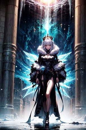 (masterpiece, top quality, best quality, official art:1.2), (detailed), (1girl:1.3), ((from far away)), ((her eyes is a middle of powerful vortex)), magic vortex, ice magic, snow, blue fire, cold aura, ice spell conjunction, anime epic scene, action, (((detailed perfect face))), fantasy, destroyed city, power-hungry, sharp icicles, sexy body, mature body, mature woman, (full body view), seductive body, from above, panoramic view, wide shot, glowing eyes, blue eyes, glowing eyes, crown of ice, freezing sphere, white hair, blue light, big city, frozen city, huge vortex