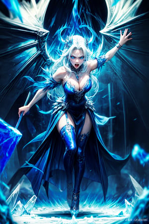 (masterpiece, top quality, best quality:1.2), (detailed), (1girl:1.3), ((from the distance)), ((demonic sorceress conjuring ice)), (bending down, charging forward, unleashed a furious attack:1.2), dark phoenix massive wings, magic vortex, ice magic, snow, blue fire, cold aura, ice spell conjunction, epic scene, action, (((detailed perfect face))), fantasy, flying over destroyed city, power-hungry, sharp icicles, mature body, (full body view), seductive body, panoramic view, wide shot, blue eyes, glowing eyes, crown of ice, freezing sphere, white hair, blue light, big city, frozen city, huge vortex, long bloody dress, BLUE FIRE , Detailedface