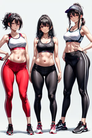 Small black hair, sportswear , sports bra, clevage, full body, high ankle shoes ,standing straight, prefer anatomy, athletic body, wide hips, thicc_thighs