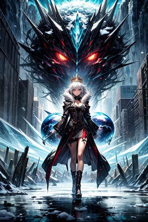 (masterpiece, top quality, best quality, official art:1.2), (detailed), (1girl:1.3), ((from far away)), ((her eyes is a middle of powerful vortex)), magic vortex, ice magic, snow, blue fire, cold aura, ice spell conjunction, anime epic scene, action, (((detailed perfect face))), fantasy, destroyed city, power-hungry, sharp icicles, sexy body, mature body, mature woman, (full body view), seductive body, from above, panoramic view, wide shot, blue eyes, glowing eyes, crown of ice, freezing sphere, white hair, blue light, big city, frozen city, huge vortex