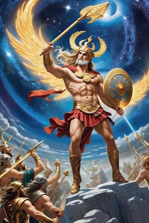 a crossroads of mythologies, where Greek gods engage in a cosmic battle with Norse deities in a celestial arena
