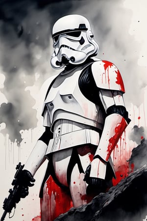 Masterpiece, 8k, dripping paint, chinese ink drawing, stormtrooper standing in battlefield, weathered armor , bloody, 1000 yard stare, 1080P, under moon