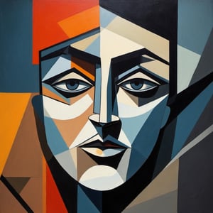 In an abstract, cubist art style, a close-up of the protagonist's face reflects their uncertainty as they navigate a world where conformity is the norm.
,pretopasin