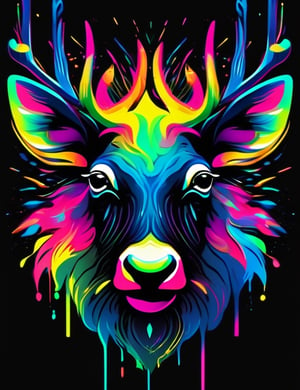 vector t-shirt design art, neon colored, a reindeer face head splash art dope 3d , pastel colors, uhd , full details, 24k, deep colors, perfect art, hyper photo realistic, black background