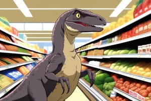 a vintage anime OVA screencap, a velociraptor, loose in a supermarket