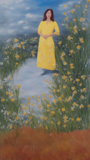 (masterpiece, best quality:1.5),(painting studio ,🌼 ,🌱 :1.3)
lady, full body, black hair, brown eyes, simple side brad hair , Gold aodai, white shoes  , earring