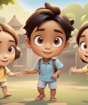 Indonesian children playing games  and some  standing, the back ground is villagers,   highly highlighted  eyes, good looking boy and the girl, cute face, bid actractiv eyes, good finger postichera, highly  highlighted finger,  highly highlighted leg's,  high resolution, cartoon character style, 8k resolution, ar--3:2.