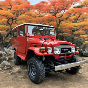 best quality, ultra-detailed, illustration,LandCruiser40, toyota, japan, vehicle focus, ground vehicle, motor vehicle, outdoors, car, tree, photo background, scenery, sky, realistic, photo background