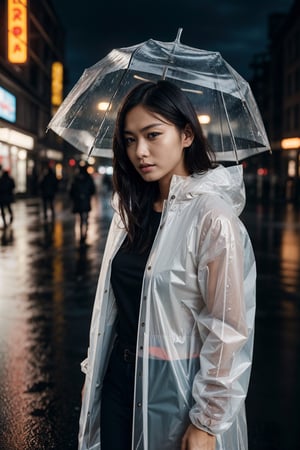 masterpiece,cinematic, filmic image 4k, 8k ,beautiful woman with medium hair and wearing a transparent raincoat, on asphalt, night city, (heavy rain, torrential rain), neon lights, perfect lighting, detailed face and eyes, detailed hand, high resolution, sharp focus, best aesthetic, high aesthetic,asian girl,haruka,gwen stacy