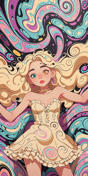 (masterpiece, best quality), 1girl, dress, wavy hair, lying, bare shoulders, blonde, jewelry, frills, (((intricate, pattern, psychedelic, surreal, abstract, swirl))), solo focus, heterochromia, splashing, vivid
