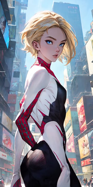 masterpiece, medium boobs, high quality, 8k, best quality,Masterpiece, best quality, gwen stacy, blonde hair, short hair, blue eyes, spiderman suit, (no mask), New York City, extremely detailed,