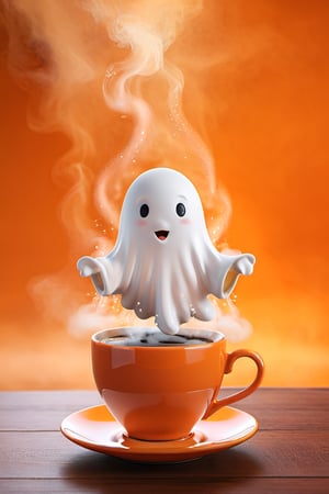 a cup of coffee, Steam shaped as a Ghost, a digital rendering, by Goro Fujita, Shutterstock, orange fog, beans, super cute, stock photo