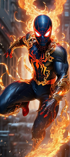 The model Spider-man: "Imagine a visually stunning masterpiece of the spider-man, brought to life in breathtaking 8K Ultra HDR quality. spider-man stands tall with a perfect, muscular body that exudes power and strength. His physique is chiseled, and every detail of his physique is finely sculpted. He's clad in a suit of flame fire armor that seems to be forged from the depths of hell itself. The armor burns with a fiery intensity, radiating heat and glowing with intense, burning reds and oranges. It clings to his body, accentuating his powerful form and menacing presence. In spider-man's grasp, a hot, burning red chain crackles with infernal energy. The chain seems to be ablaze, its links glowing with an otherworldly intensity. spider-man holds it with an air of deadly confidence, ready to unleash its fiery wrath. The background of this highly detailed image is a raging inferno, a sea of flames that engulfs the scene. The fire dances and roars, casting dynamic shadows and creating a fiery halo around spider-man. The image is a true masterpiece, capturing spider-man's deadly appearance in all its glory, with unparalleled detail and intensity.", octane render, dripping paint,bingnvwang