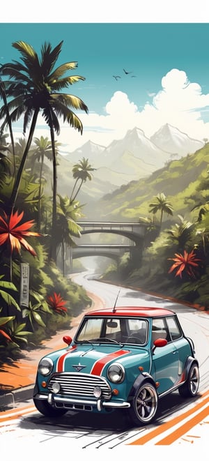 Centered image, bits of color, hand drawn, realistic sketch, Rough sketch, bold lines, Artwork of T-shirt design, silhouette logo, beautiful tropical landscape, mini cooper on the freeway, flat illustration, vibrant vector, vector image, vintage drawing, white background, 8k, octane render