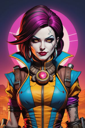 midshot, (cel-shading style:1.3), centered image, ultra detailed illustration of Mad Moxxi from Borderlands, posing, (tetradic colors), inkpunk, (ink lines:1.1), strong outlines, art by MSchiffer, bold traces, unframed, high contrast, (cel-shaded:1.1), vector, 32k resolution, best quality, flat colors, flat lights, unreal engine v5, octane render