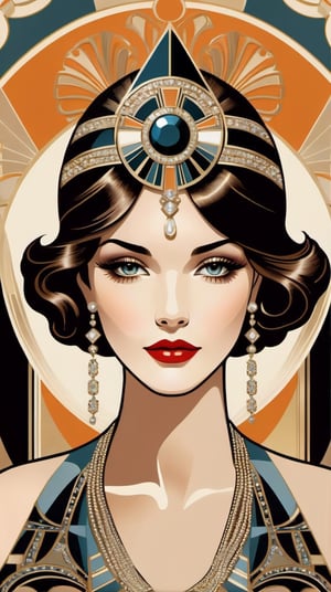 Art Deco Elegance: Stylish Girl Model**: A luxurious and ornate art deco style artwork featuring a stylish girl model with bold geometric shapes and detailed elegance.

