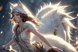 masterpiece,{{{best quality}}},(illustration)),{{{extremely detailed CG unity 8k ,Brilliant light,cinematic lighting,long_focus, cute and charming,  sexy body, shiny skin, girl, ghibli animation, princess mononoke costume,princessmononoke, (riding on the back of a giant snarling white ((wolf)):1.2),short brown hair:1.5, 1 girl, carry a mask,1 girl, vertical view