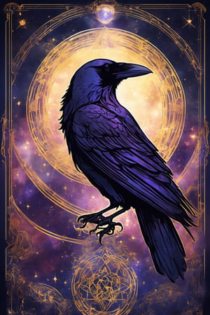 Tarot Card Style, (epic raven in the space, beautiful,magic aura, artistic) card, masterpiece, best quality,  cempoalxochitl, flat color, lineart, abstract, ornate, dark theme, (tarot), aw0k straightsylum, (frame),aw0k straightsylum