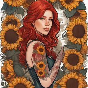 red headed felmale with tattoos, cartoon sticker with sunflowers and red roses