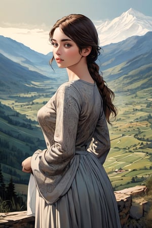  (engraving:1.3), (masterpiece, top quality, best quality, official art, beautiful and aesthetic:1.2), (1girl:1.3), detailed face, detailed body, panorama view of the valley