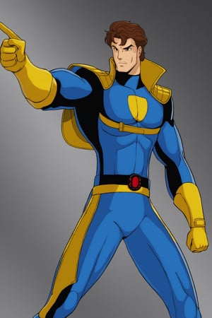 cel shade, officical art, solo, brown hair, gloves, 1boy, upper body, male focus, belt, bodysuit, muscular, pointing, clenched hand, blue bodysuit, yellow gloves
