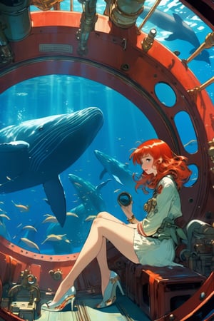 Anime artwork, Girl, red head, sitting beside a large port hole, inside a submarine, underwater scene, whales, art by J.C. Leyendecker . anime style, key visual, vibrant, studio anime, highly detailed,ClassipeintXL,LaxpeintXL