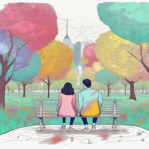A couple in a park, doodle world, colourful,8k
