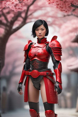 a beautiful short black hair woman, dressed in red samurai armor, red scarlet eyes, with sakura flower in the background, soft lighting, finely detailed features, intricate brush strokes, beautiful lighting,  Cinematic, Color Grading, Depth of Field, intricate details, Unreal Engine, Character Concept Art, creative, expressive, stylized anatomy, digital art, 3D rendering, unique, award-winning, Adobe Photoshop, 3D Studio Max, well-developed concept, distinct personality, consistent style, HW